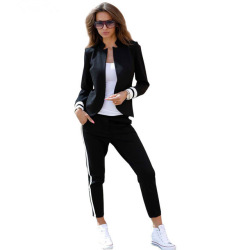 MVGIRLRU women 2 two Piece Set suits Long sleeve stand-up collar buttonless Black and white tracksuit