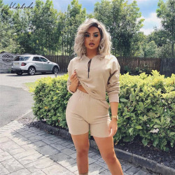 Macheda New Autumn Solid Women Sets Cropped Long Sleeve Tops And Shorts Set 2 Pieces Women Tracksuit Casual T Shirts Shorts