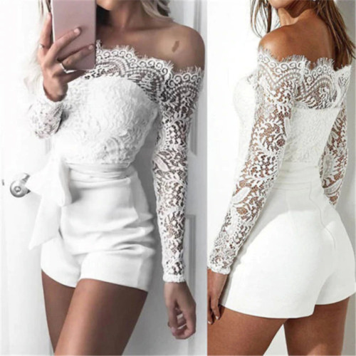 New Lace Off Shoulder Bodysuit Women See Through Long Sleeve Skinny Solid Women Sets Rompers Casual Feminino Jumpsuit Bodysuit