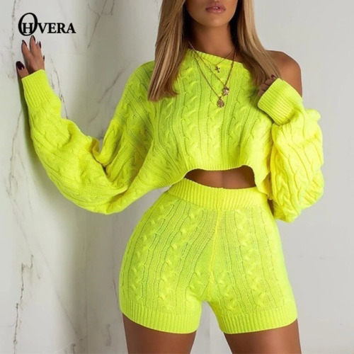 Ohvera Sweater Two Piece Set  Knitted Long Sleeve Crop Tops And Bodycon Shorts Suit Winter Sexy 2 Piece Set Women 2018 Outfits