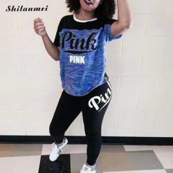 PINK Printing Women'S Outfits Short Sleeve T-Shirts And Long Pants 2 Piece Set Fitness Plus Size XXXL Women'S Summer Tracksuit