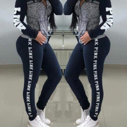 Pink Letter Print Women 2 Piece Set Zipper Patchwork Hoodies Tops And Pants Sweatshirt Casual Two Piece Autumn Streetwear S-3XL