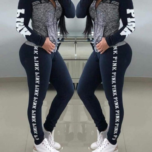 Pink Letter Print Women 2 Piece Set Zipper Patchwork Hoodies Tops And Pants Sweatshirt Casual Two Piece Autumn Streetwear S-3XL