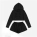 ROMWE Black Drop Shoulder Drawstring Top With Shorts Women Casual Autumn Hooded Two Piece Set Long Sleeve Plain Two-piece Sets