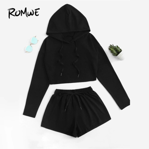 ROMWE Black Drop Shoulder Drawstring Top With Shorts Women Casual Autumn Hooded Two Piece Set Long Sleeve Plain Two-piece Sets