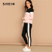 SHEIN Athleisure Color-Block Top and Drawstring Waist Side Panel Pants Women Two Piece Set Spring Sporting Casual Two Piece Sets