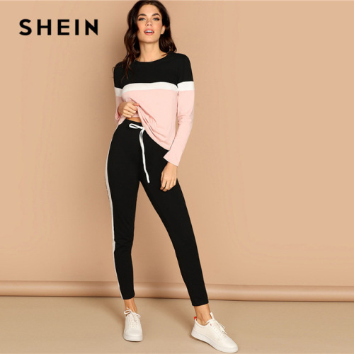 SHEIN Athleisure Color-Block Top and Drawstring Waist Side Panel Pants Women Two Piece Set Spring Sporting Casual Two Piece Sets