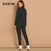 SHEIN Black Stretchy Grid Print Shawl Collar Plaid Long Sleeve Blazer Pants Set Women Autumn Workwear Morden Lady Twopiece