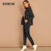 SHEIN Black Stretchy Grid Print Shawl Collar Plaid Long Sleeve Blazer Pants Set Women Autumn Workwear Morden Lady Twopiece