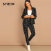 SHEIN Black Stretchy Grid Print Shawl Collar Plaid Long Sleeve Blazer Pants Set Women Autumn Workwear Morden Lady Twopiece