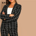 SHEIN Black Stretchy Grid Print Shawl Collar Plaid Long Sleeve Blazer Pants Set Women Autumn Workwear Morden Lady Twopiece