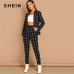 SHEIN Black Stretchy Grid Print Shawl Collar Plaid Long Sleeve Blazer Pants Set Women Autumn Workwear Morden Lady Twopiece