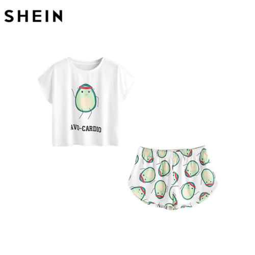 SHEIN Casual Womens Two Piece Sets 2017 Summer Cartoon Avocado Print Short Sleeve Tee and Elastic Waist Shorts Set