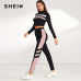 SHEIN Colorblock Black Zip Front Striped Slim Fit Sweatshirt and Pants Set Crop Top Autumn Casual Sporting Women Two Piece Sets