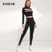 SHEIN Colorblock Black Zip Front Striped Slim Fit Sweatshirt and Pants Set Crop Top Autumn Casual Sporting Women Two Piece Sets