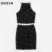 SHEIN Sexy Womens Two Piece Sets 2017 Summer Ladies Black Sleeveless Pearl Beading Scalloped Halter Top and Skirt Set