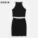 SHEIN Sexy Womens Two Piece Sets 2017 Summer Ladies Black Sleeveless Pearl Beading Scalloped Halter Top and Skirt Set