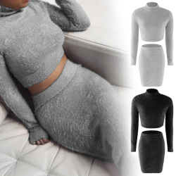 Set (2pcs) Autumn Women Bandage Suit Long Sleeve Fleece Crop Top Pencil Midi Skirt Solid Bodycon Dress Sweater Tracksuit