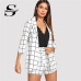 Sheinside Black and White Plaid Notched Blazers With Self Tie Waist Shorts Womens Two Piece Sets 2019 Elegant 2 Piece Women Set