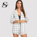 Sheinside Black and White Plaid Notched Blazers With Self Tie Waist Shorts Womens Two Piece Sets 2019 Elegant 2 Piece Women Set