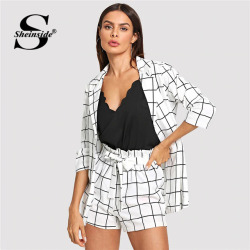 Sheinside Black and White Plaid Notched Blazers With Self Tie Waist Shorts Womens Two Piece Sets 2019 Elegant 2 Piece Women Set