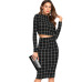 Sheinside Stand Collar Long Sleeve 2 Piece Set Women Crop Grid Top and Pencil Skirt Ladies Elegant Office Ladies Two Piece Set