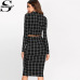 Sheinside Stand Collar Long Sleeve 2 Piece Set Women Crop Grid Top and Pencil Skirt Ladies Elegant Office Ladies Two Piece Set