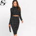 Sheinside Stand Collar Long Sleeve 2 Piece Set Women Crop Grid Top and Pencil Skirt Ladies Elegant Office Ladies Two Piece Set