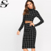 Sheinside Stand Collar Long Sleeve 2 Piece Set Women Crop Grid Top and Pencil Skirt Ladies Elegant Office Ladies Two Piece Set