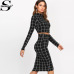 Sheinside Stand Collar Long Sleeve 2 Piece Set Women Crop Grid Top and Pencil Skirt Ladies Elegant Office Ladies Two Piece Set