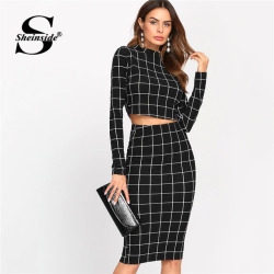 Sheinside Stand Collar Long Sleeve 2 Piece Set Women Crop Grid Top and Pencil Skirt Ladies Elegant Office Ladies Two Piece Set