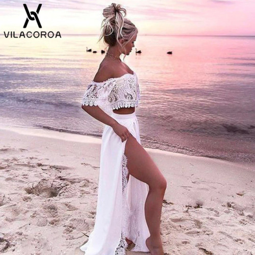 Summer Hot Women 2018 Sexy Lace One Shoulder Split Floor-Length vestido Party Dress White Dress Two-piece Set Maxi Dress vestido