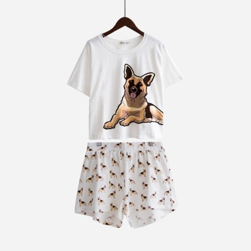 Summer Nightwear Pajamas Women Dog Print German Shepherd Pajama Sets Loose Top Elastic Waist Shorts Pijama mujer S7N202 Y