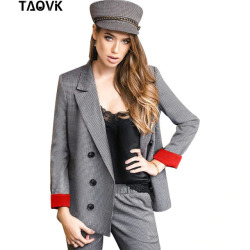 TAOVK Plaid Pant Suits Women's Suits Set Double Breasted Red Cuff Blazer Jacket Straight Pant two Pieces set Office Lady Outfits