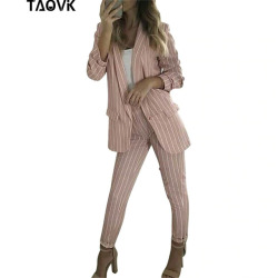 TAOVK Stylish Pant Suits Pale Pink Striped Spring female Sets Buttonless Blazer Jacket Loose Pants 2 Piece Set Work Outfits 2019