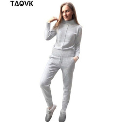 TAOVK Winter Woolen and Cashmere Knitted Warm Suit High Collar Sweater + Mink Cashmere Pants Loose Style Two-piece Set Knit