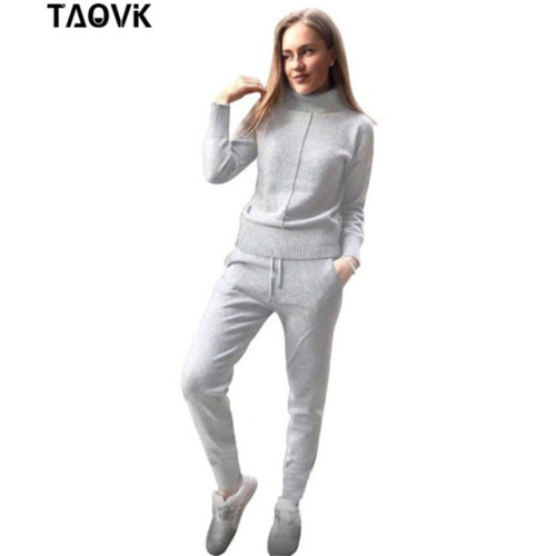 TAOVK Winter Woolen and Cashmere Knitted Warm Suit High Collar Sweater + Mink Cashmere Pants Loose Style Two-piece Set Knit