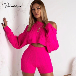 Tobinoone Two Piece Set Women Set Autumn Winter Outfits Long Sleeve Knit Sweater top and shorts Suit Sexy Sweater Set