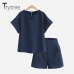 Trytree Spring summer Women two piece set Casual Cotton tops + short Soild Female Office plus size Suit Set Short Sleeve Sets