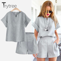 Trytree Spring summer Women two piece set Casual Cotton tops + short Soild Female Office plus size Suit Set Short Sleeve Sets