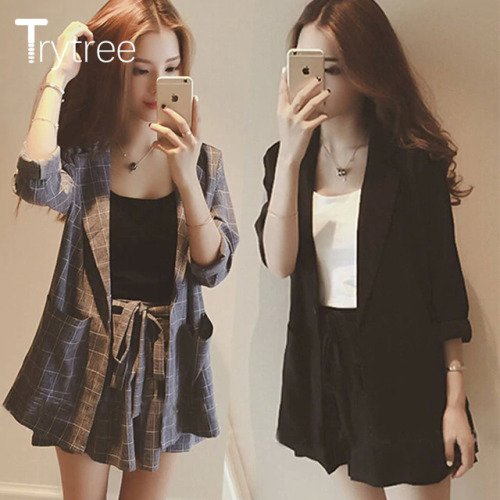 Trytree Spring summer Women two piece set Casual tops + shorts plus size plaid Top Female Office Suit Set Women's 2 Piece Set