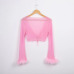 Tumblr Sexy See Through Pink Mesh Tracksuits Autumn Women Costume Two Piece Set Long Sleeve Fluffy Crop Top And Pants Streetwear