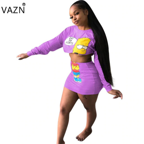 VAZN 2018 New Temperament Fashion Women 2 Piece Set Sexy Style Cartoon O-Neck Full Sleeve Mini Skirts Lady Bodycon Set M667