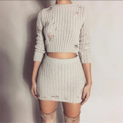 Women Autumn Knitted Dress Sexy 2 Piece Set Fashion Hollow Out Holes Bodycon Mini Dress Sexy Crop Top Ladies Two Piece Set