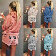 Women Coral Velvet Pajamas Set Autumn Winter Warm Pajamas Two Piece Set Sleepwear Cute Cat Meow Pattern Hoodies Shorts Set 5XL