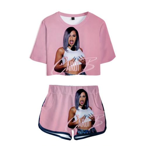 Women Outfits 2019 2 Piece Women Cardi B Pink Outfit 3D Print T-Shirt Women's Suit Shorts Summer 2 Piece Crop Top Ensemble Femme