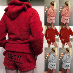 Womens Ladies Warm Long Sleeve Hoodie+Shorts Tow Piece Set Pajamas Outfits Sleepwear