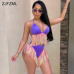 ZJFZML Colorful Tassels Summer Two Piece Set Women Halter V Neck Backless Crop Top+Purple High Wiast Short Sexy 2 Piece Outfits