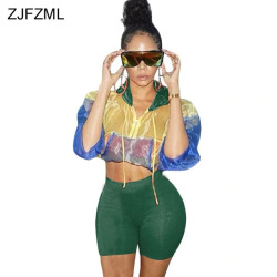 ZJFZML Streetwear Two Piece Set Women's Costumes Contrast Color Hooded Crop Top And Skinny Shorts Female Suits Autumn Sweatsuits